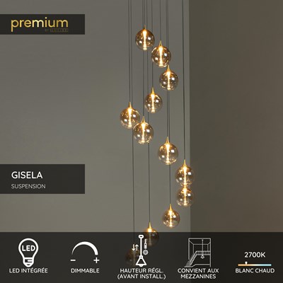Lucide GISELA - Suspension - Ø 61 cm - LED Dim. - 12x3,5W 2700K - Convient aux mezzanines et plafonds hauts - Ambre | Premium